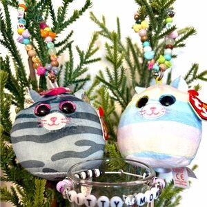 Ty Squishy Beanies 3in Cats Made Into Kitschy Ornaments Heather & Kiki +Bracelet